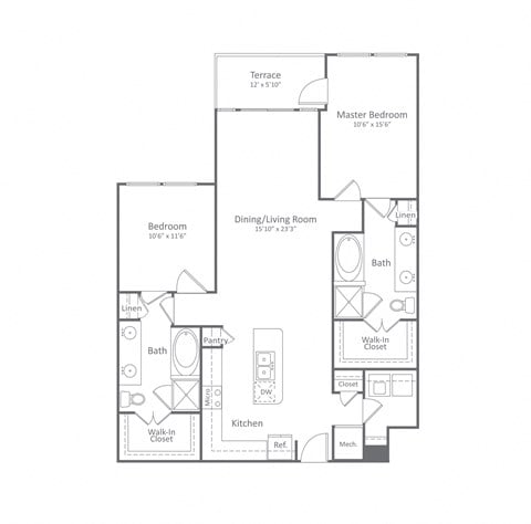 Floor plan for 2 beds, 2 baths, 1262 sqft